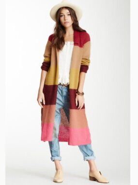Free People Over the Rainbow Mohair Sweater Duster Pink Yellow Red Sz XS